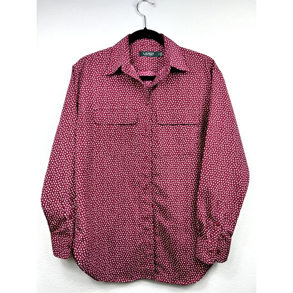 Lauren Ralph Lauren Shirt SP Red Bird Print Button Down Long Sleeve Blouse